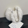 Fuzzy white faux fur hobo bag with silver beaded chain strap and half-moon design - White