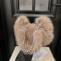 Beige heart-shaped faux fur handbag featuring a silver beaded metal chain strap - Brown