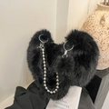 Fuzzy black faux fur shoulder bag with stylish silver metal bead chain strap - Black