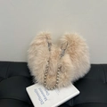 Plush heart-shaped shoulder bag in beige faux fur with oversized silver bead chain strap - Apricot