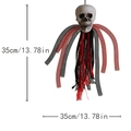 Halloween hanging skull decoration with red and black mesh ribbons measuring 13.78 inches - Red Black