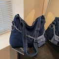 Dark blue denim tote bag with silver chain and mini pouch accessory for women - Dark Blue