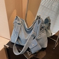Light blue denim tote bag with chain strap and matching mini coin purse detail - Light Blue