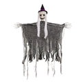 Detail of hanging Halloween ghost with skull head, long white hair and purple ribbon hat - Gray