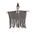 Close-up of Halloween hanging ghost with witch hat, skull hands and tattered fabric - White