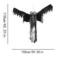Hangend Halloween skelet met dubbele hoofden, zwart gewaad en paars gloeiende ogen - H-45 Gloeiende Dubbele Kop Grote Vleugel Geest Zwart