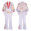 Tuta bianca stile Elvis Presley con colletto rosso e motivi d'aquila in paillettes - S / Stile Cantante Rock con Stampa e Mantello (2024112702)
