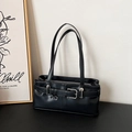 Minimalist black leather underarm bag with silver decorative buckle for daily wear - Black