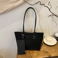 Large black suede tote bag with subtle leopard print and matching zipper pouch - Black Leopard