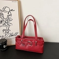 Classic red rectangular faux leather underarm bag with silver buckle and dual straps - Red