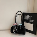 Black Boston style shoulder bag with heart charms and decorative ribbons for women - With Charm / Black