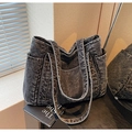 Sac fourre-tout en denim noir délavé avec poches latérales et grande capacité décontractée - Brun Foncé