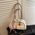 Chic beige large shoulder bag with brown trim and cute blue bow charm detail - With Charm / Off White