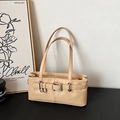 Minimalist beige baguette shoulder bag in smooth faux leather with buckle detail - Khaki