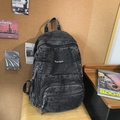 Vintage washed black denim backpack with double zipper pockets and retro acid wash texture - Black