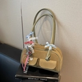 Olive green velvet shoulder bag with colorful bow ribbons and heart pendant - With Charm / Green