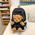 Black canvas backpack for students featuring a cute 3D brown plush bear decoration - Black