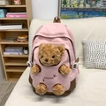 Pink school backpack with 3D teddy bear plush detail and brown contrasting trim - Pink