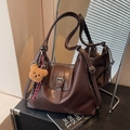 Dark brown retro PU leather tote bag with flap buckle and cute plush bear charm - Coffee with Pendant