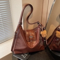 Retro brown faux leather tote bag with adjustable strap and plush bear pendant detail - Caramel Brown (With Charm)