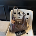Vintage dark brown hobo tote bag with silver buckle and cute teddy bear charm - Beige Khaki With Charm