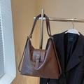 Große dunkelbraune Retro-Tasche mit Schnalle und weißen Kontrastnähten für Damen - Kaffee ohne Anhänger