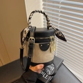 Vintage bucket bag in black leather and beige canvas with houndstooth silk scarf handle - Off-white