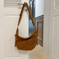 Brown faux suede crescent bag with adjustable strap and braided detailing - Coffee