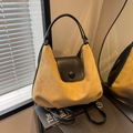 Large tote bag in yellow suede and black leather patchwork with a round snap button - Khaki