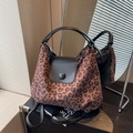 Large leopard print tote bag with black leather handles and snap closure for women - Black Leopard