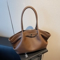 Borsa tote marrone in pelle litchi con pieghe laterali e fibbia quadrata dorata - Marrone