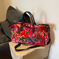 Ethnic style travel duffel bag with red peony floral pattern and adjustable shoulder strap - Red