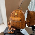 Brown mini backpack in lychee texture PU with bear prints and a matching bear charm - With Pendant / Brown