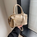 Chic beige leather Boston bag with embossed lettering and adjustable shoulder strap - Khaki (No Pendant)