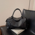 Bolso de mano Boston vintage negro en cuero plisado con cremalleras metálicas dobles - Negro