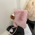 Pink fluffy plush crossbody bag with a cute teddy bear charm and soft cord strap - Pink with Pendant