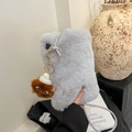 Chic grey fluffy plush crossbody phone bag with cute brown monster charm accessory - Light Gray (With Charm)