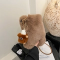 Brown fuzzy faux fur shoulder bag with cute monkey pendant and long coffee strap - Coffee with Pendant