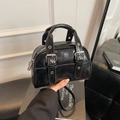 Glossy black mini square bag with silver metal buckles and rivets, handheld style - Black