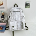 White Chinese calligraphy backpack with olive green straps and multiple pockets - Green