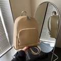 Minimalist beige pebble leather mini backpack for women with silver metal zippers - Khaki