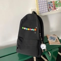Black casual nylon backpack with colorful pom-poms and white monster plush pendant - Black with Pendant