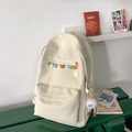 Off-white canvas backpack with colorful pom-poms and cute plush charm for school - White with Pendant