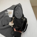 Black oil wax leather tote bag with silk gloss finish and cute white sheep charm - With Plush Charm / Black