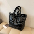 Quilted black down tote bag with pleated handles and shiny nylon finish in large size - Off White