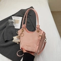 Light pink oil wax leather shoulder bag with plush charm and long strap - With Plush Charm / Pink