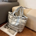 Silver metallic quilted puffer tote bag with ruched handles for women in large size - Silver