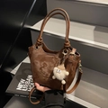 Brown vintage oil wax leather tote bag with cloud texture and plush charm pendant - With Plush Charm / Coffee