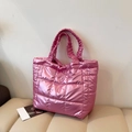 Metallic pink quilted puffer tote bag with ruched handles and large capacity design - Pink