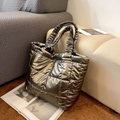 Metallic bronze quilted tote bag with ruffled handles and puffy down-like texture - Champagne